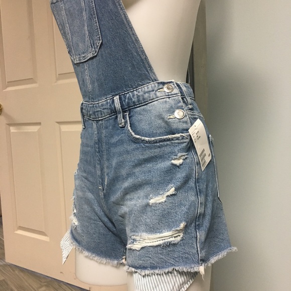 H&M Distressed Blue Denim Overall Jean Shorts - Picture 3 of 12